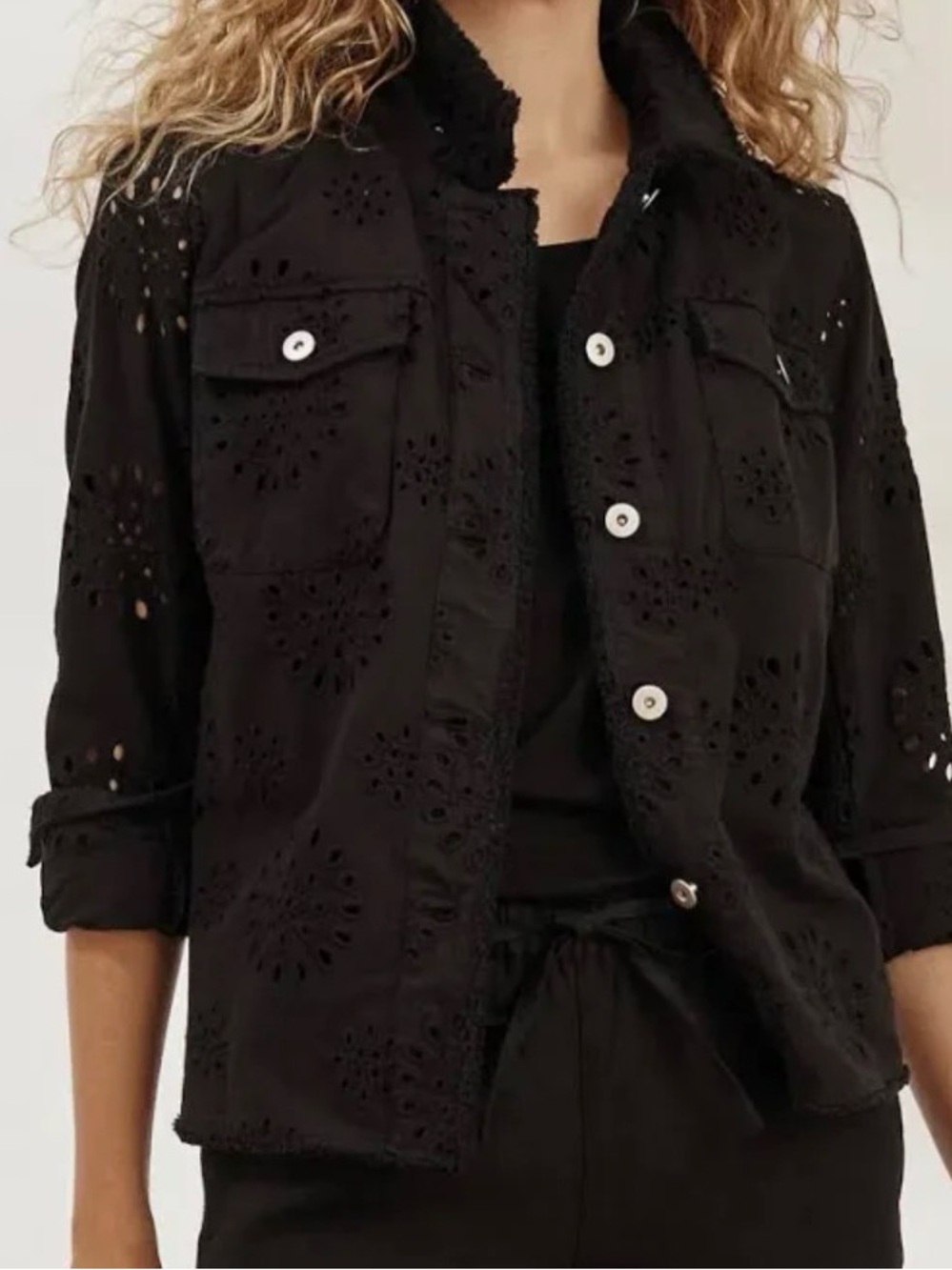 All Row Embroidered Eyelet Button-Front Jacket - Black